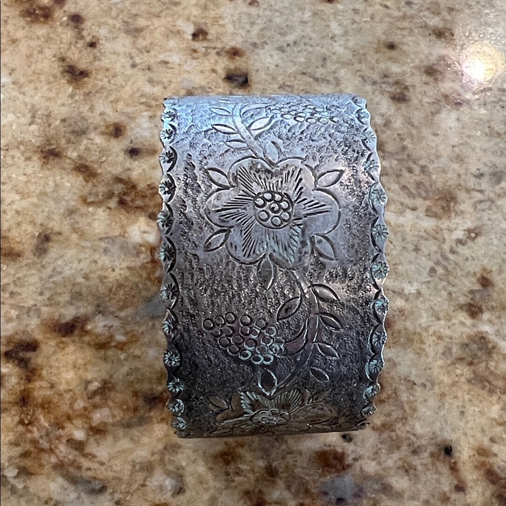 Floral Engraved Silver Patina Mexican Cuff Bracelet